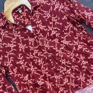 Knox Rose Burgundy Abstract Ikat Button Down Boho High Low Long Sleeve Relaxed‎